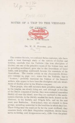 Notes of a trip to the Veddahs of Ceylon