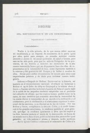 Discurso del representante de los comisionados : Provinciales y cantonales