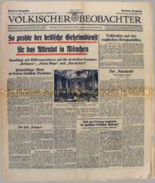 Tageszeitung "Völkischer Beobachter" u.a. über den Anschlag auf Hitler im Bürgerbräu-Keller