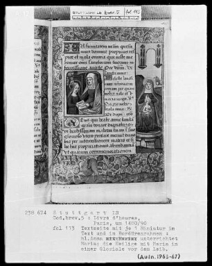Lateinisches Stundenbuch (Livre d'heures) — Textseite mit zwei Miniaturen, Folio 113recto