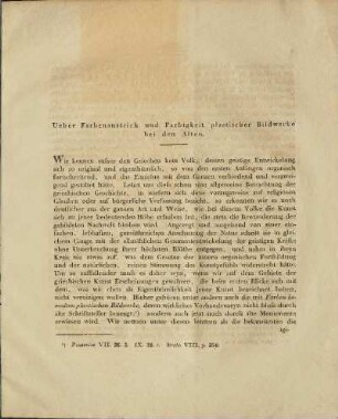 Ueber Farbenanstrich und Farbigkeit plastischer Bildwerke bei den Alten.