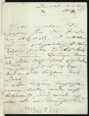 Brief von Clara Schumann an Eberhard Peters : Brief von Clara Schumann an Eberhard Peters. Düsseldorf, 03.05.1855. Seite 1. Dresden: SLUB Mscr.Dresd.App.232,181f