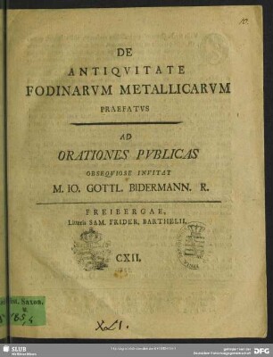 De Antiquitate Fodinarum Metallicarum Praefatus : Ad Orationes Publicas Obsequiose