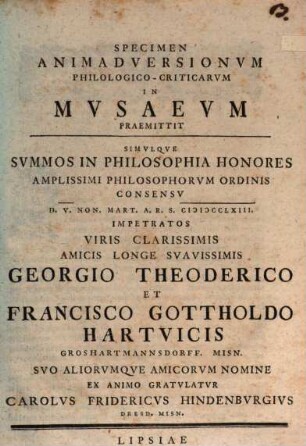 Specimen animadversionum philologico-criticarum in musaeum