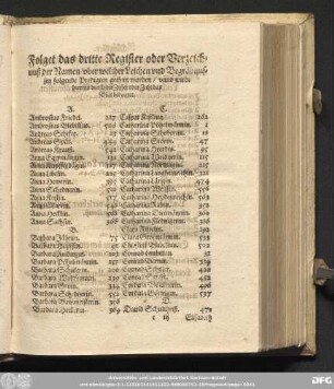 Folget das dritte Register oder Verzeichnuß der Namen/ uber welcher Leichen und Begräbnussen folgende Predigten gethan worden/ unnd wirdt hierinn durch die Ziffer oder Zahl das Blat bedeutet.