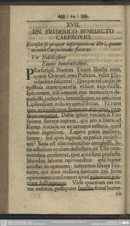 XVII. DN. FRIDERICO BENEDICTO CARPZOVIO. Excusat se propter insiriptionem libri, quam nomini Carpzoviano fecerat