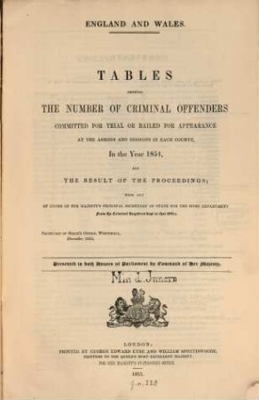 Tables showing the number of criminal offenders : in the year ... ; England and Wales. 1854 (1855)