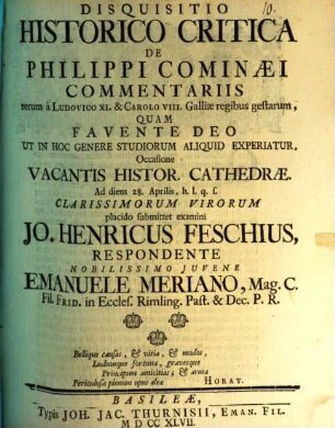 Disquisitio hist. crit. de Philippi Cominaei Commentariis rerum a Ludovico XI. et Carolo VIII., Galliae regibus gestarum