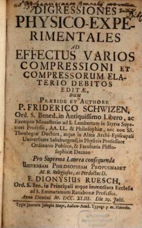 Digressiones physico-experimentales ad effectus varios compressioni et compressorum elaterio debitos