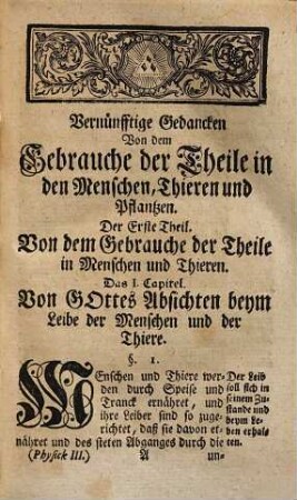 Vernünfftige Gedancken Von dem Gebrauche Der Theile In Menschen, Thieren Und Pflantzen