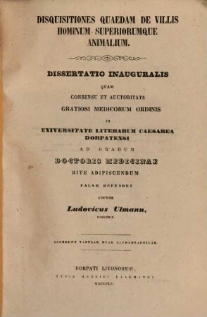 Disquisitiones quaedam de villis hominum superiorumque animalium
