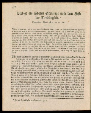 Predigt am sechsten Sonntage nach dem Feste der Dreieingkeit