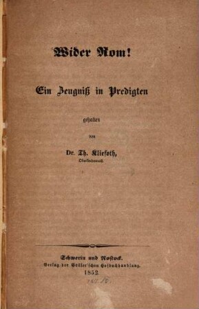 Wider Rom! : ein Zeugniß in Predigten