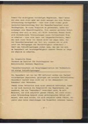 Gesundheitszustand und Belastungssituation der Verkäuferin und einige Schlußfolgerungen