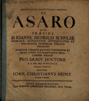 Dissertatio Inavgvralis Medica De Asaro