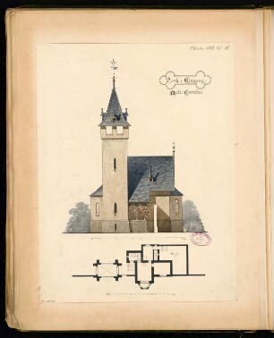 Parkeingang Monatskonkurrenz Oktober 1883: Grundriss Erdgeschoss, Aufriss Seitenansicht; 2 Maßstabsleisten