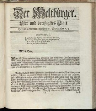 Vier und dreißigstes Blatt. Berlin, Donnerstags den 21. September 1741.