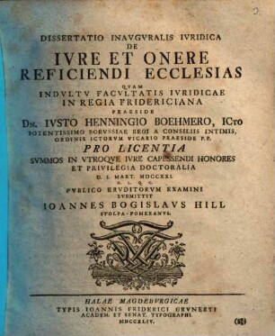 Diss. inaug. iur. de iure et onere reficiendi ecclesias