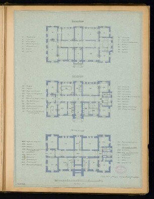 Rathaus, Calau Monatskonkurrenz März 1879: Grundriss Keller, Erdgeschoss, Obergeschoss 1:150; Maßstabsleiste, Legende