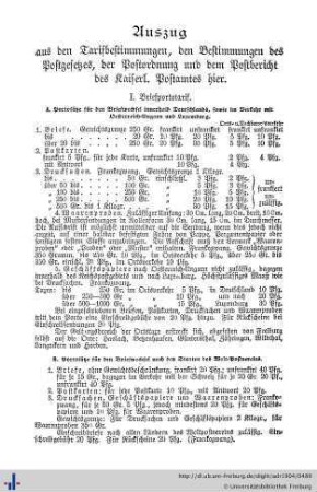 Tarifbestimmungen des Postamts, Telegramme, Fernsprechteilnehmer, Wechselstempelsteuer, Güter- und Billettarif.