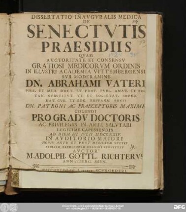 Dissertatio Inavgvralis Medica De Senectvtis Praesidiis