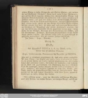 Beilag D. Edickt, der Republick Genua d. d. 14. April. 1760. Wider den Päpstlichen Nuncius. Doge, Gubernatoren, Procuratoren der Republik zu Genua.