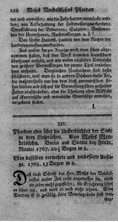 Phaedon oder die Unsterblichkeit der Seele.