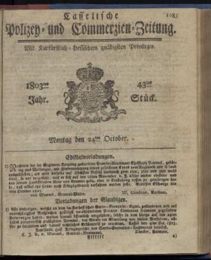 43tes Stueck, Montag den 24ten October 1803