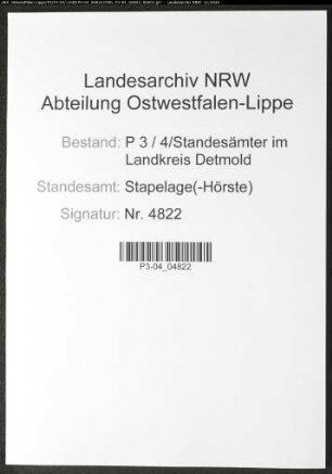 Sterberegister Standesamt Stapelage(-Hörste)