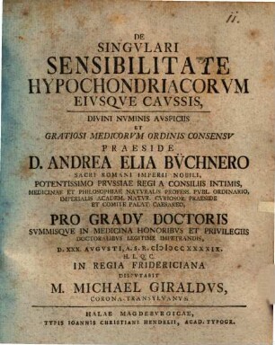 De singulari sensibilitate hypochondriacorum eiusque caussis