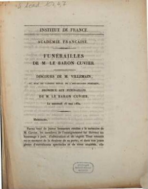 Funérailles de M. le Baron Cuvier. Discours de M. Villemain ... : le mercredi 16 mai 1832