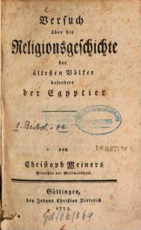 Versuch über die Religionsgeschichte der ältesten Völker : besonders der Egyptier