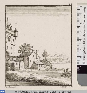 Landschaft mit Turm und zwei Ruderbooten