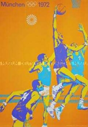 Veranstaltungsplakat zu den Olympischen Spielen in München 1972 (Motiv: Basketball)