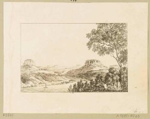 Das Elbtal zwischen dem Lilienstein und dem Königstein, im Hintergrund weitere Tafelberge der Sächsischen Schweiz, aus Richters "70 Mahlerischen An- und Aussichten ..."