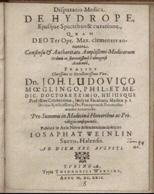 Disputatio Medica De Hydrope, Eiusque Speciebus & curatione