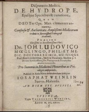 Disputatio Medica De Hydrope, Eiusque Speciebus & curatione