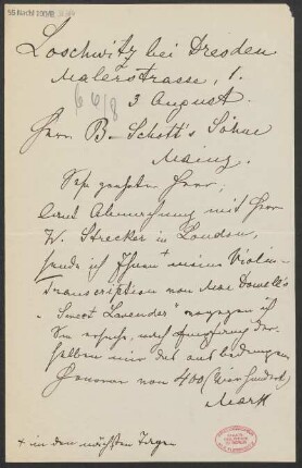 Brief an B. Schott's Söhne : 03.08.1912