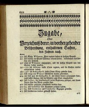 Zugabe, Oder Verzeichniß derer, in vorhergehender Beschreibung, enthaltenen Sachen, den Jahren nach.