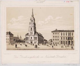 Die Dreikönigskirche in Dresden-Neustadt an der Hauptstraße, nach Westen