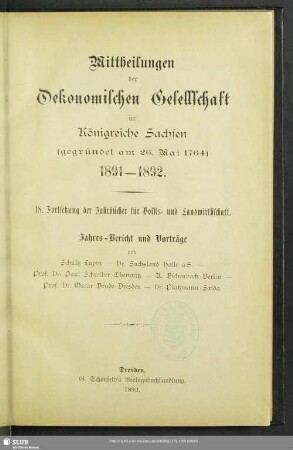 18.1891/92(1892): Mitteilungen der Ökonomischen Gesellschaft im Königreiche Sachsen