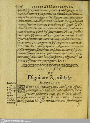 Oratio XIV. De Dignitate & utilitate Eloquentiae