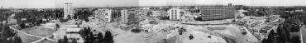 180° Panorama, Blick auf das Baugelände der Interbau 57 vom Wohnhaus Giraffe über Hansaplatz bis Richtung Siegessäule. Berlin-Hansaviertel, Händelallee