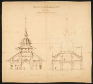 Gebäude der Berliner Weißbierbrauereien für die Berliner Gewerbe-Ausstellung 1896: Ansicht, Schnitt 1:75