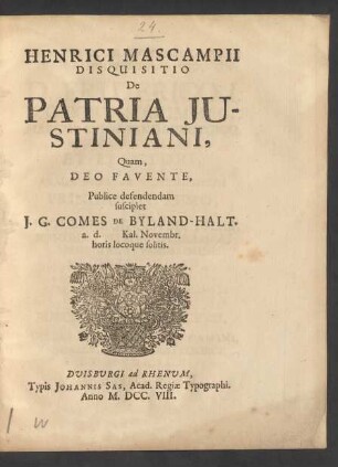 Henrici Mascampii Disquisitio De Patria Justiniani