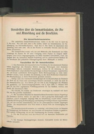 Vorschriften über die Immatrikulation, die An- und Abmeldung und die Benefizien.
