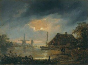 Landschaft im Mondschein Schifferhütte Segelboote und Windmühle