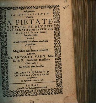 Programma In Deductionem Funeris ... Dn. Heinrici à Peine Patricii Brunsvicensis : Publicè In celeberrima Ienensium Academia propositum