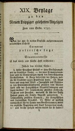 XIX. Beylage zu den Neuen Leipziger gelehrten Anzeigen - Zum 1sten Octbr. 1797.