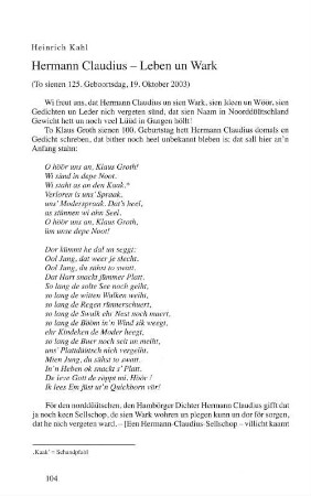 Hermann Claudius - Leben un Wark